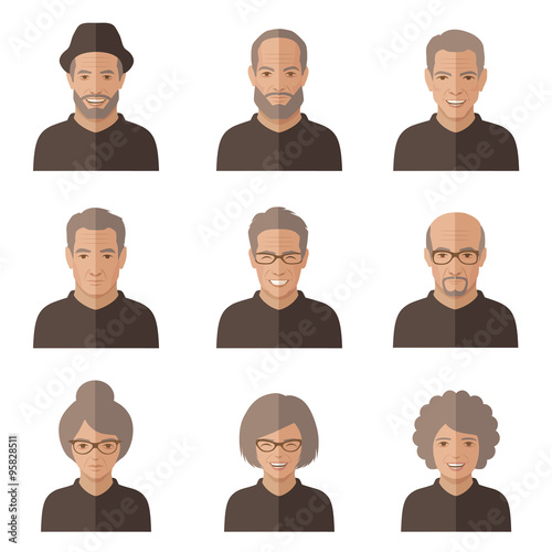 vector old people face. cartoon senior character. man, woman icon