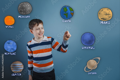 Teenage boy laughing and holding a finger of the planet of the s photo