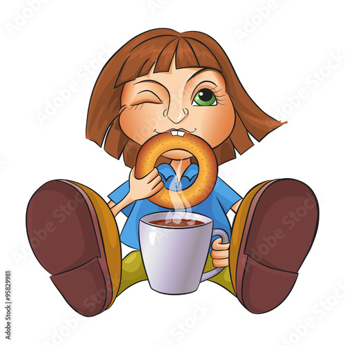 Girl drinking coffee and eating a bagel