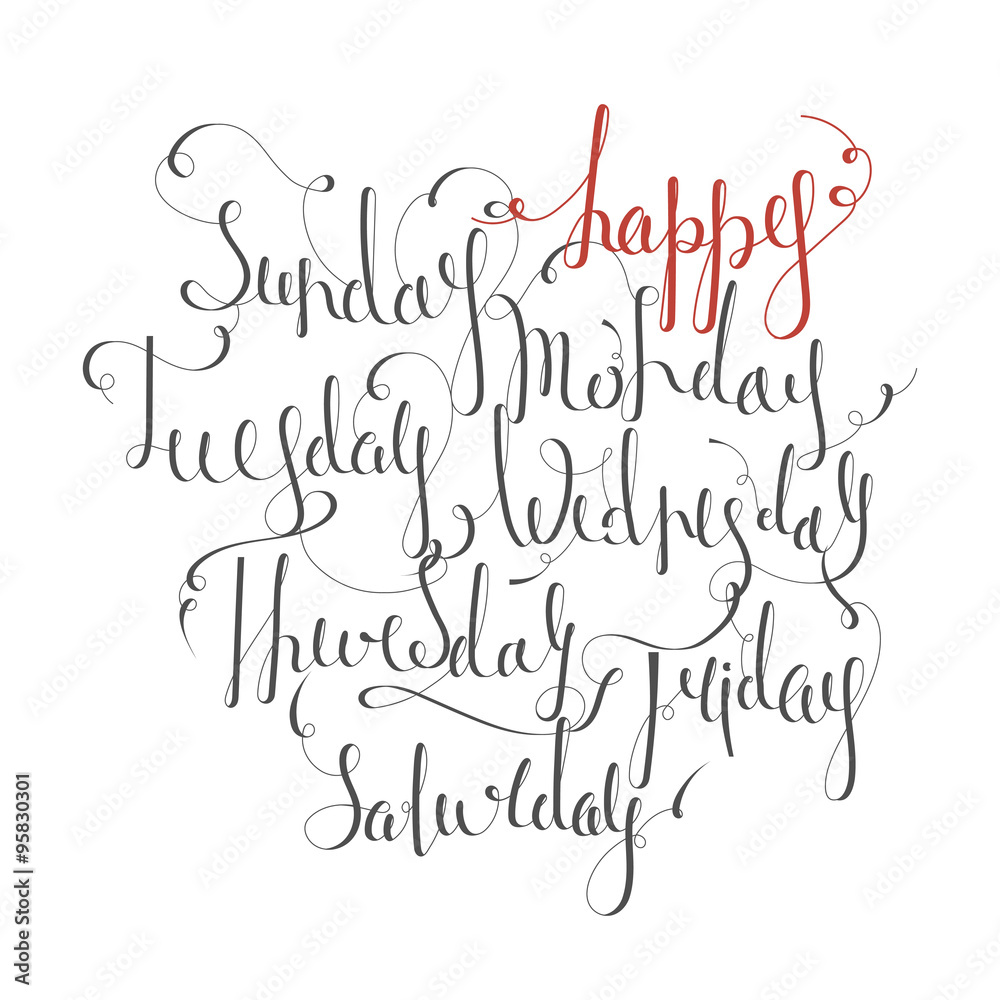 Handwritten days of the week: Monday, Tuesday, Wednesday, Thursday, Friday, Saturday, Sunday. Handdrawn calligraphy lettering for diary, banner, calendar, planner, poster. Isolated vector illustration