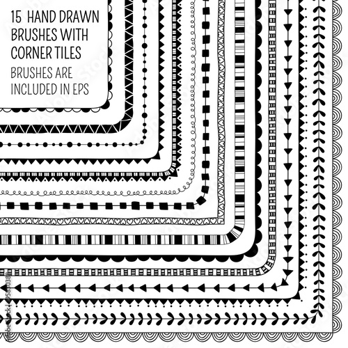 Vector set of fifteen hand drawn brushes with corner tiles. Seamless pattern of different colors for frames, borders and design elements. Vector isolated illustration. Brushes are included in eps.