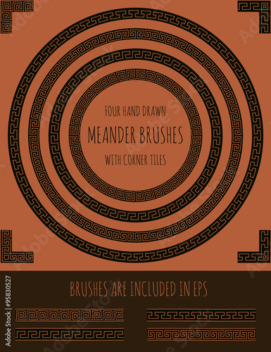 Fotografie Vector set of four hand drawn four meander brushes with corner tiles