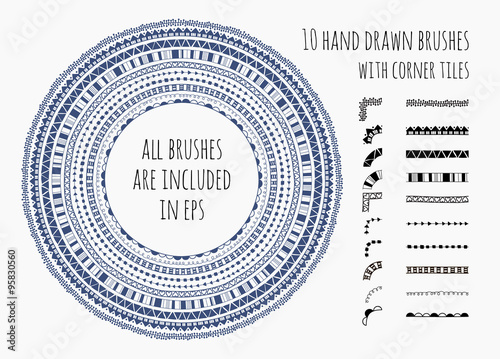 Vector set of ten hand drawn brushes with corner tiles. Seamless pattern of different colors for frames, borders and design elements. Vector isolated illustration. Brushes are included in eps.