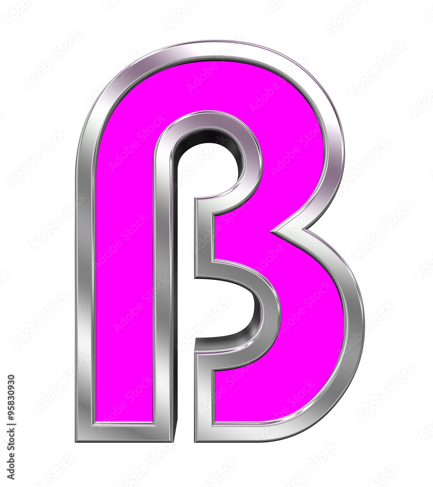 One letter from pink with chrome frame alphabet set, isolated on white. Computer generated 3D photo rendering. One letter from pink with chrome frame alphabet set, isolated on white. Computer generated 3D photo rendering.