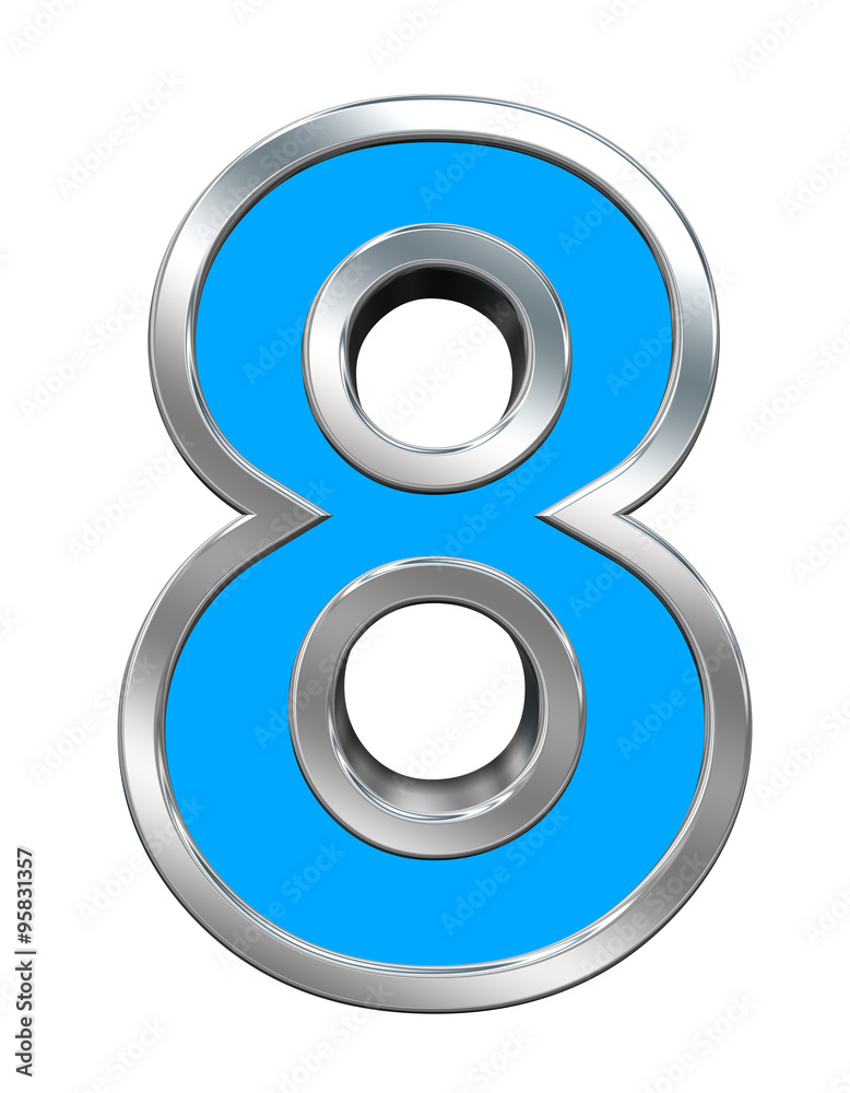 One digit from light blue with chrome frame alphabet set, isolated on white. Computer generated 3D photo rendering. One digit from light blue with chrome frame alphabet set, isolated on white. Computer generated 3D photo rendering.