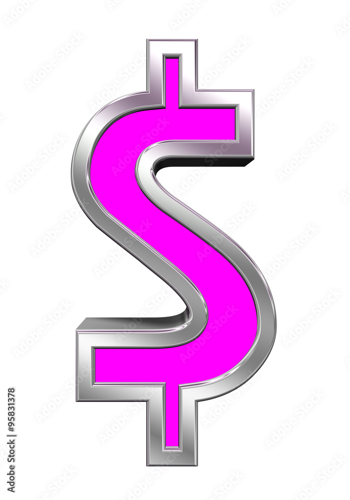 Dollar sign from pink with chrome frame alphabet set, isolated on white. Computer generated 3D photo rendering. Dollar sign from pink with chrome frame alphabet set, isolated on white. Computer generated 3D photo rendering.