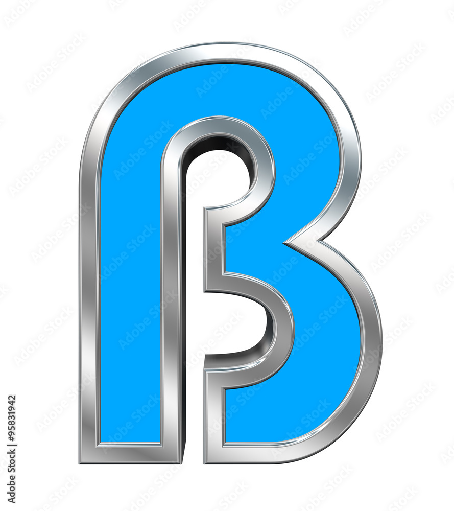 One letter from light blue with chrome frame alphabet set, isolated on white. Computer generated 3D photo rendering. One letter from light blue with chrome frame alphabet set, isolated on white. Computer generated 3D photo rendering.