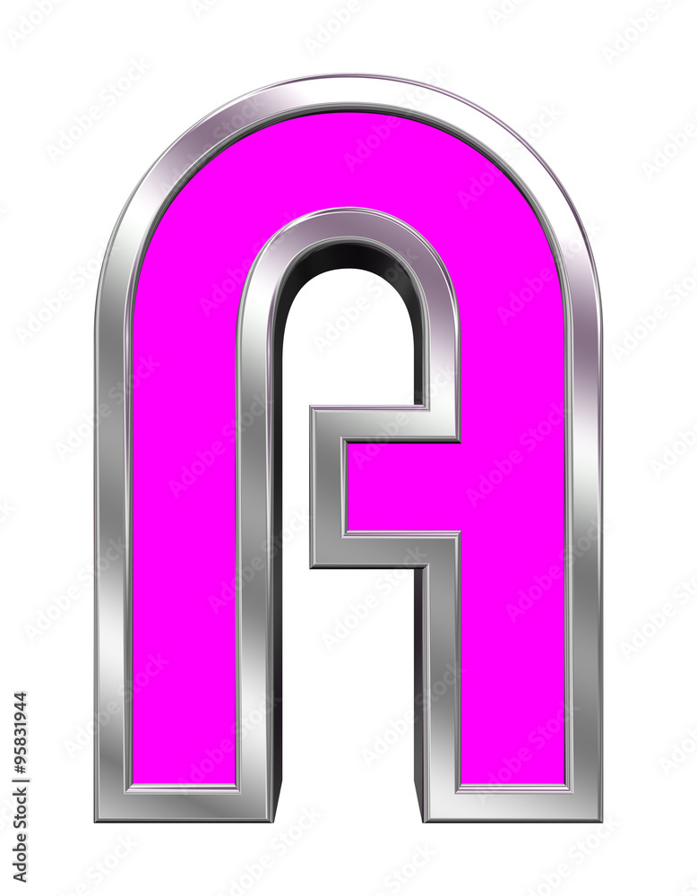 One letter from pink with chrome frame alphabet set, isolated on white. Computer generated 3D photo rendering. One letter from pink with chrome frame alphabet set, isolated on white. Computer generated 3D photo rendering.