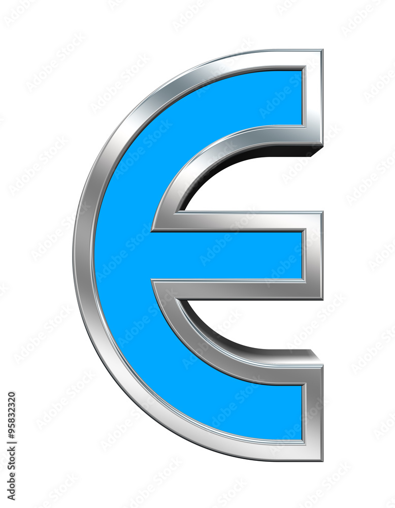 One letter from light blue with chrome frame alphabet set, isolated on white. Computer generated 3D photo rendering.