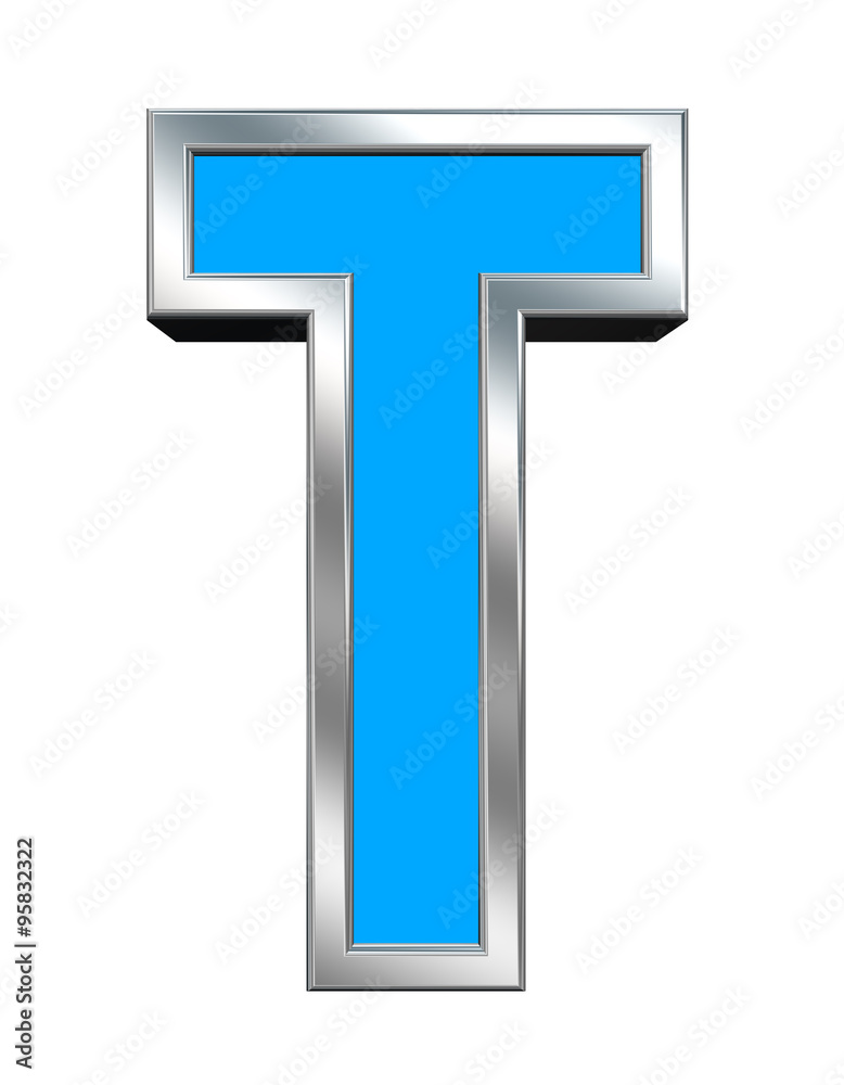 One letter from light blue with chrome frame alphabet set, isolated on white. Computer generated 3D photo rendering. One letter from light blue with chrome frame alphabet set, isolated on white. Computer generated 3D photo rendering.