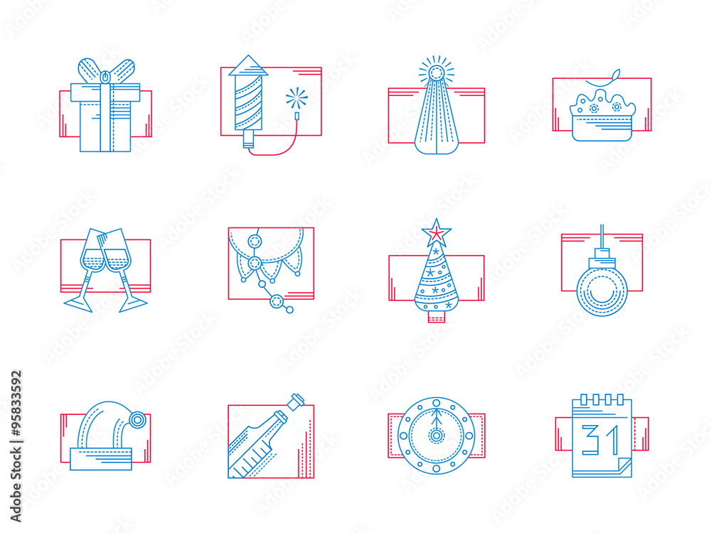 Winter celebration blue and red line icons