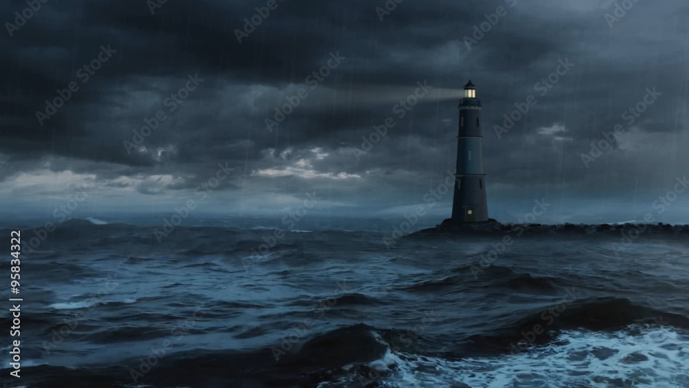 Lighthouse in stormy sea - loop.