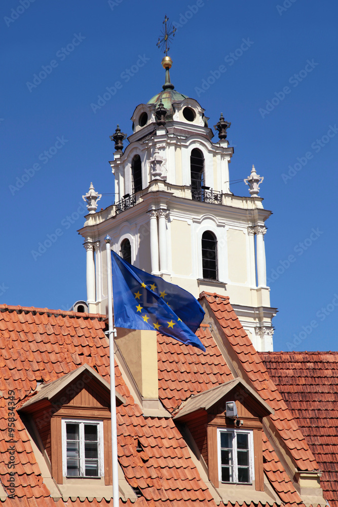 Church of St. John and flag of EU, Vilnius, Lithuania