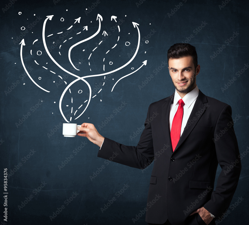 Businessman holding a white cup with lines and arrows Businessman holding a white cup with lines and arrows