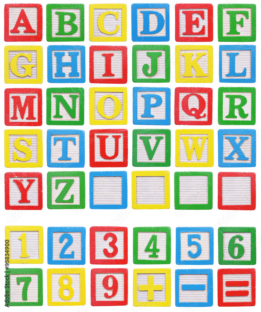 Wooden alphabet and numbers blocks isolated on white background Stock