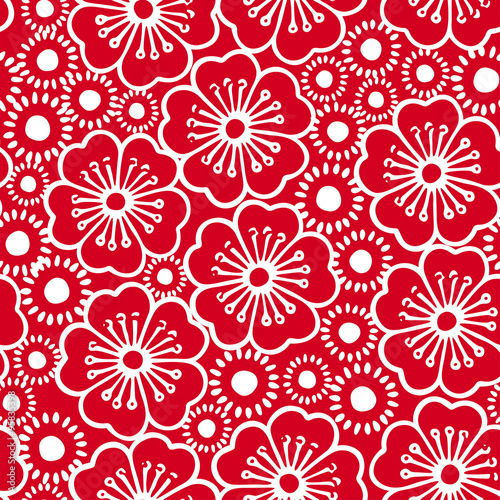 Red and white graphic hibiscus floral seamless pattern