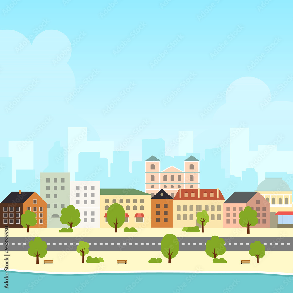 Bright summer cityscape with blue sky and coastline 