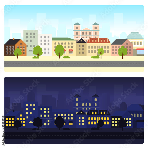 Cityscape with coastline in daylight and at night