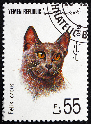 Postage stamp Yemen 1990 Cat, Felis Catus, Pet photo