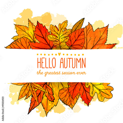 Hello autumn banner with orange and red hand drawn leaves. Vector fall background with golden leaf