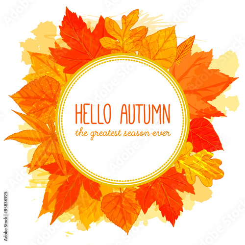 Autumn round frame with hand drawn golden leaves. Hello autumn banner. Fall design for advertisement, greeting cards and social media content. Vector imitation of watercolor technique