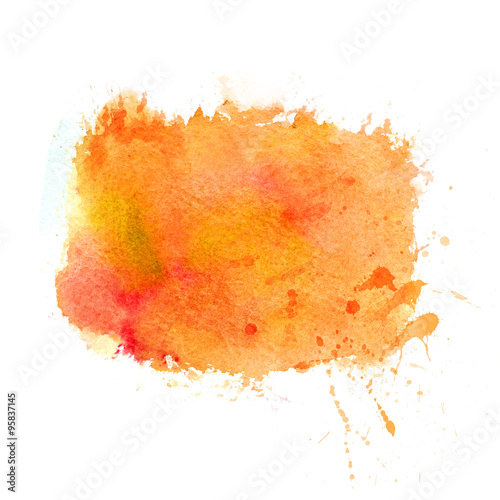 Multicolor watercolor strokes texture. Saturate orange and yellow autumn colors. Artistic background with canvas texture. Abstract paint stain with spray and drops of water