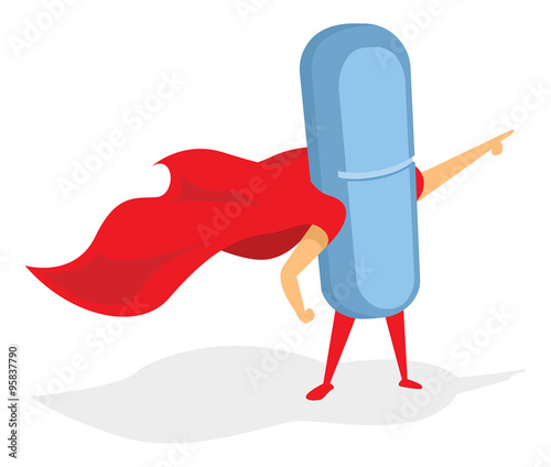 Pill or tablet drug super hero standing with cape