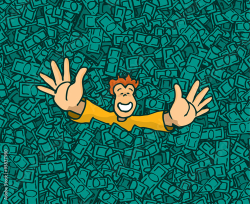Happy successful man swimming in money pool