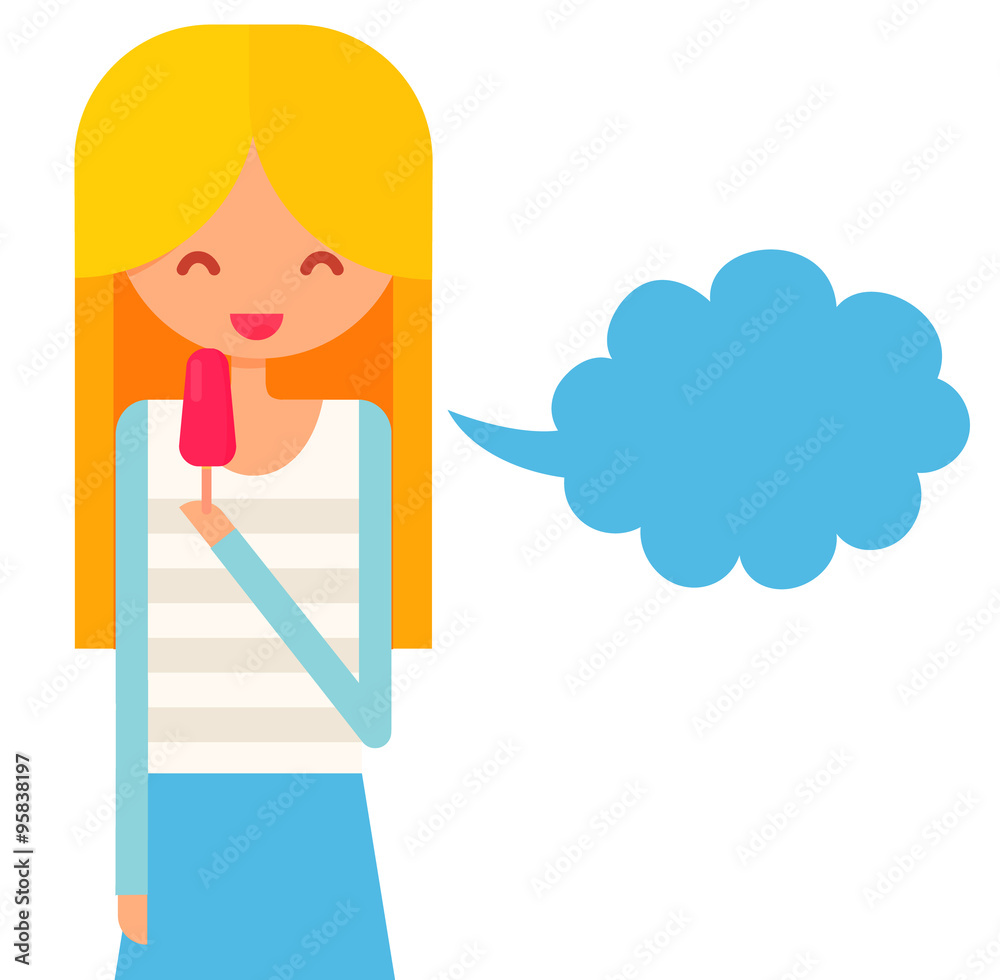 Smiling girl with blonde hair eats icecream and talk via speech bubble. flat vector illustration with character Smiling girl with blonde hair eats icecream and talk via speech bubble. flat vector illustration with character