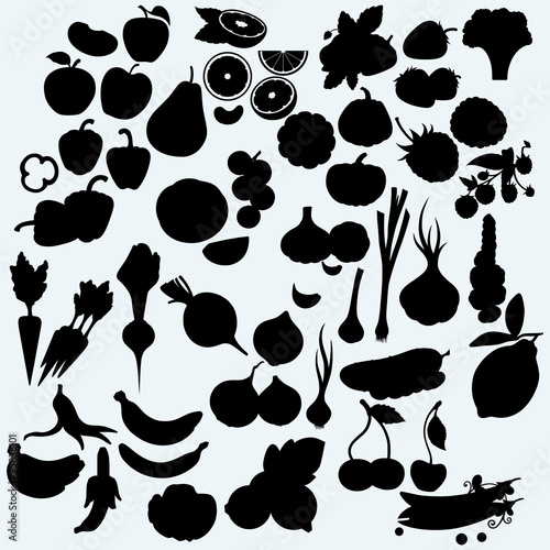 Fresh, juicy fruits and vegetables, set of harvest. Isolated on blue background. Vector silhouettes