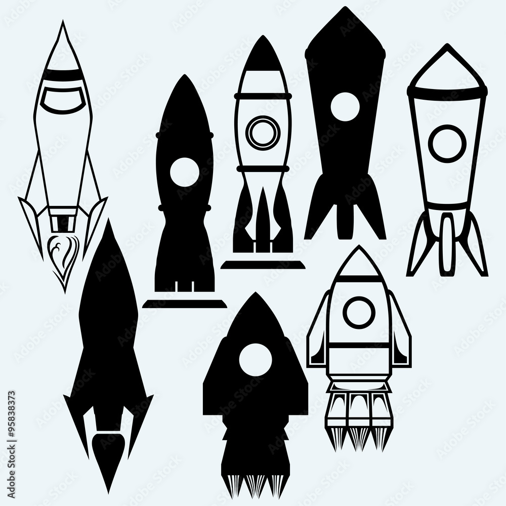 Rocket icon. Isolated on blue background. Vector silhouettes Rocket icon. Isolated on blue background. Vector silhouettes