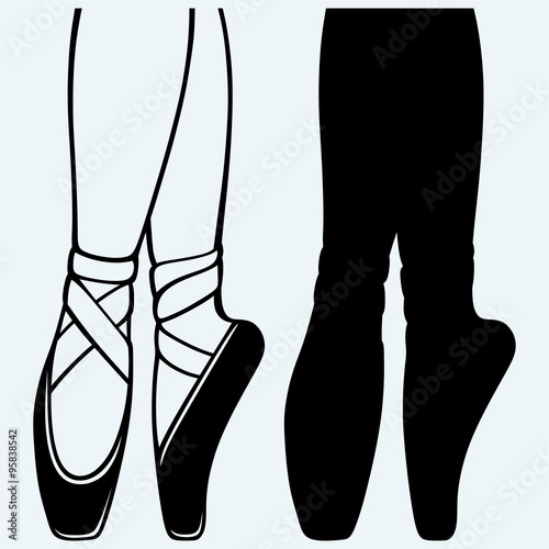 Legs and shoes of a young ballerina. Isolated on blue background. Vector silhouettes