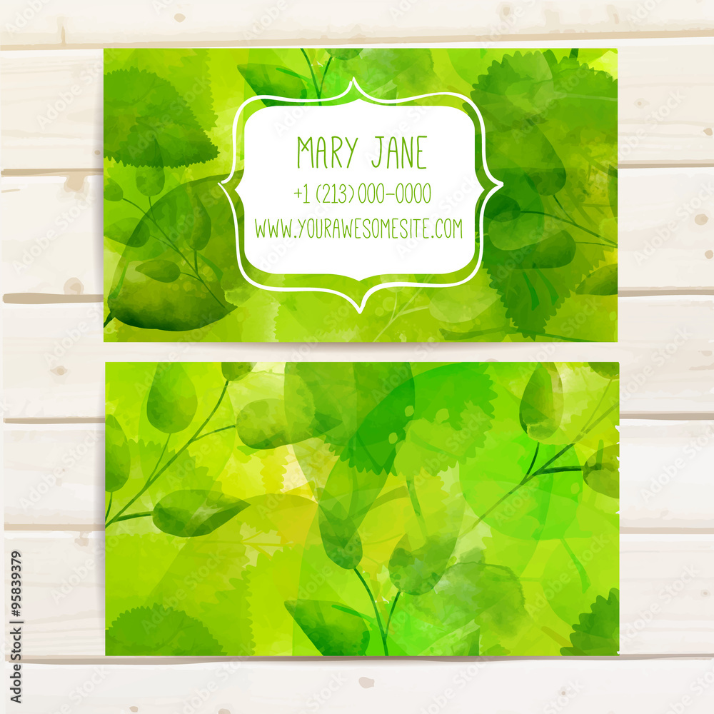 Nature creative business card template with artistic vector design. Green leaves with texture