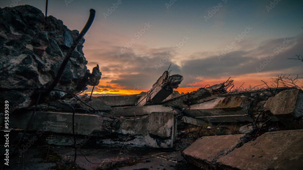.Apocalypse.Sunset over the wreckage of buildings .Apocalypse.Sunset over the wreckage of buildings