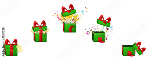 celebration cartoon design element set, exploding gift box, isolated vector
