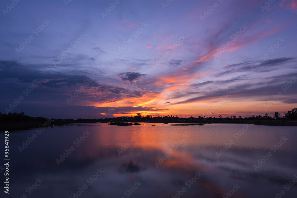 Beautiful landscape lake at sunset 