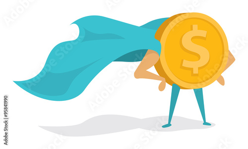Money super hero or heroic gold coin standing with cape
