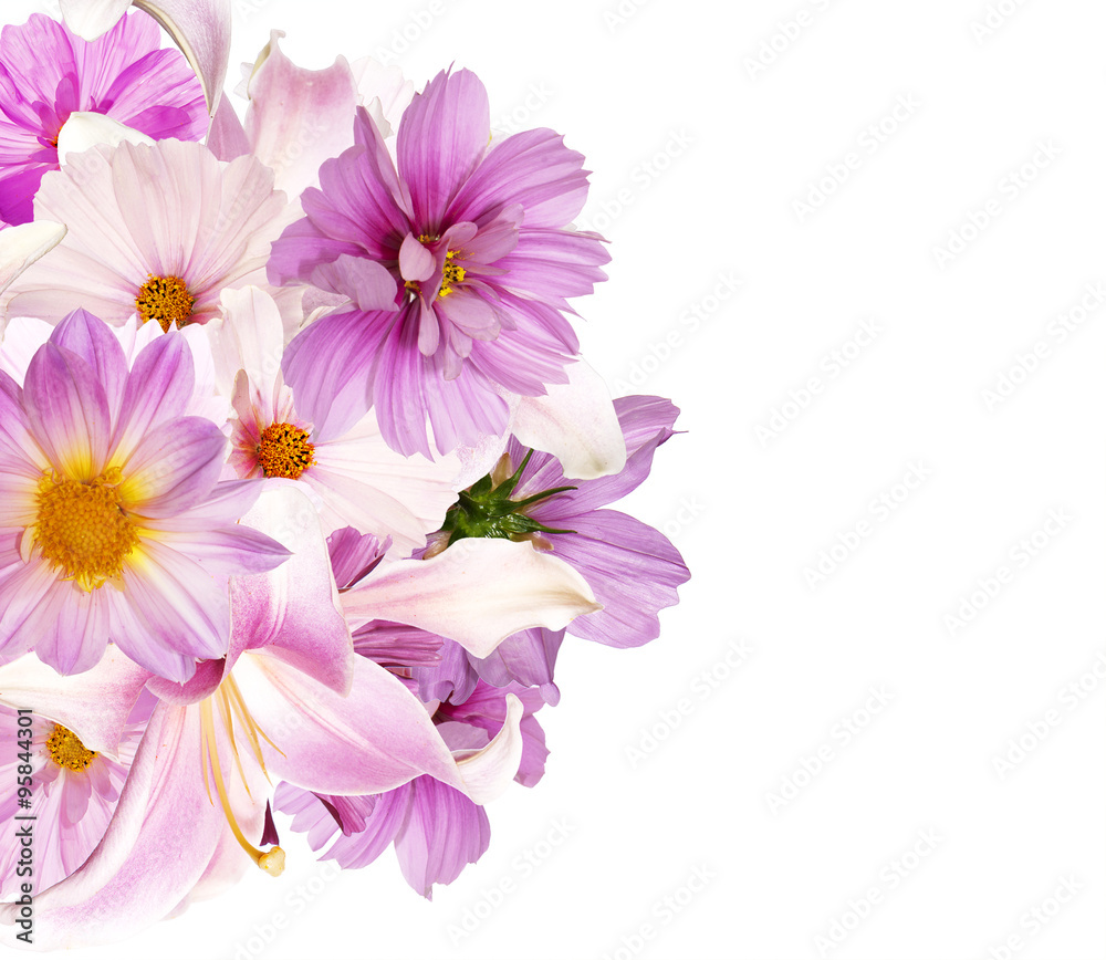 Beautiful bouquet pink flowers.Lily.,orchids,pink chamomile,cosmeya and garden flowers