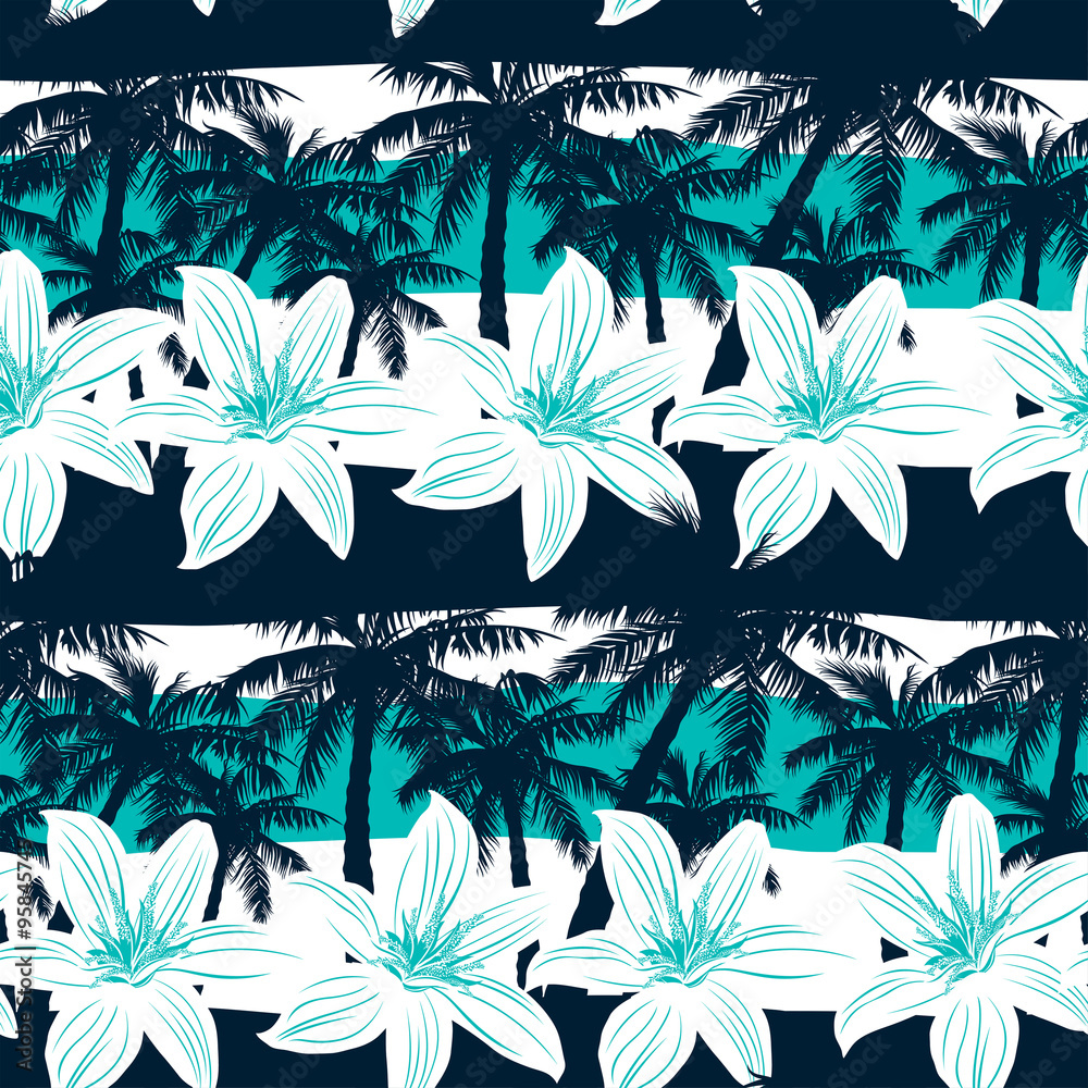 Obraz premium Tropical frangipani with palms and stripes seamless pattern