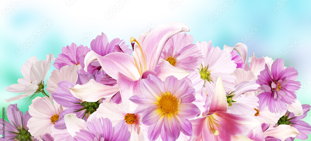 Beautiful bouquet pink flowers.Lily.,orchids,pink chamomile,cosmeya and garden flowers