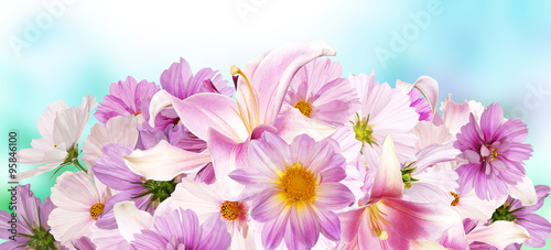 Beautiful bouquet pink flowers.Lily.,orchids,pink chamomile,cosmeya and garden flowers © red150770