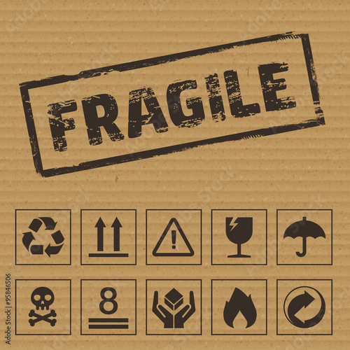 Packaging Symbols on Cardboard. Vector icons like: fragile, this side up, keep dry, recyclable etc