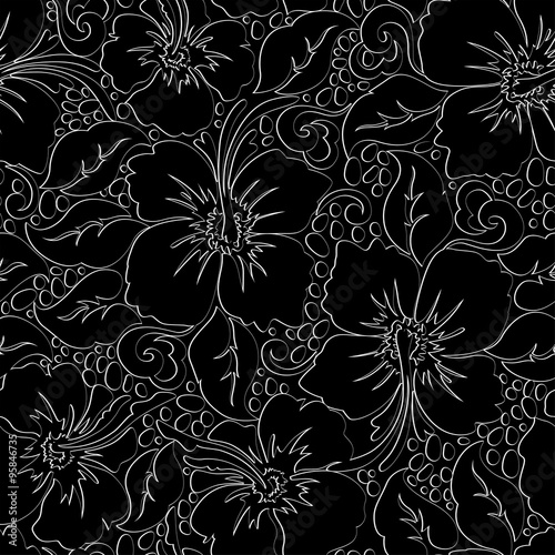 Tropical hibiscus with black background seamless pattern