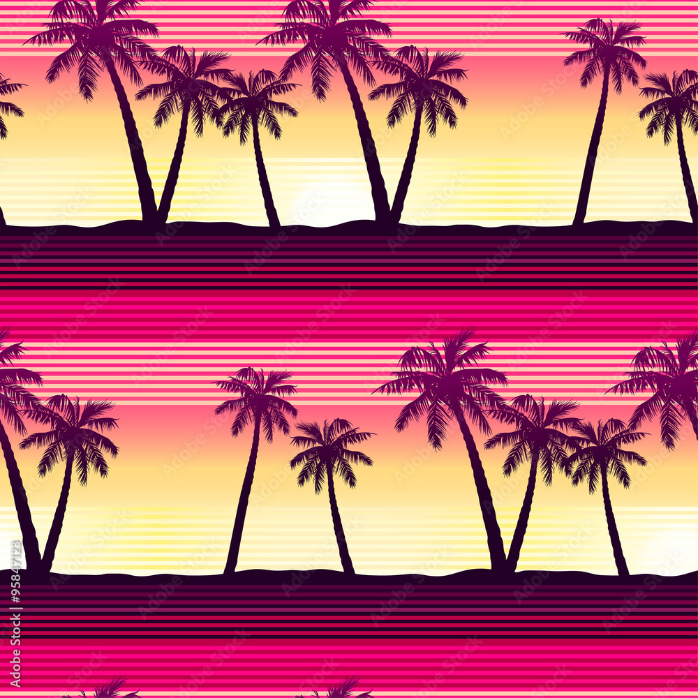 Obraz premium Tropical palms at sunset seamless pattern