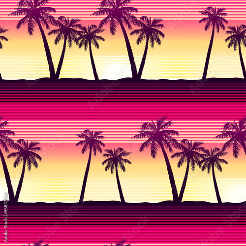 Tropical palms at sunset seamless pattern