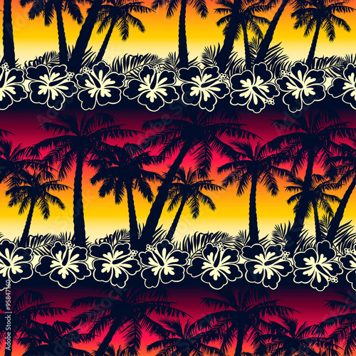 Tropical palm tree at sunset with hibiscus flowers seamless patt