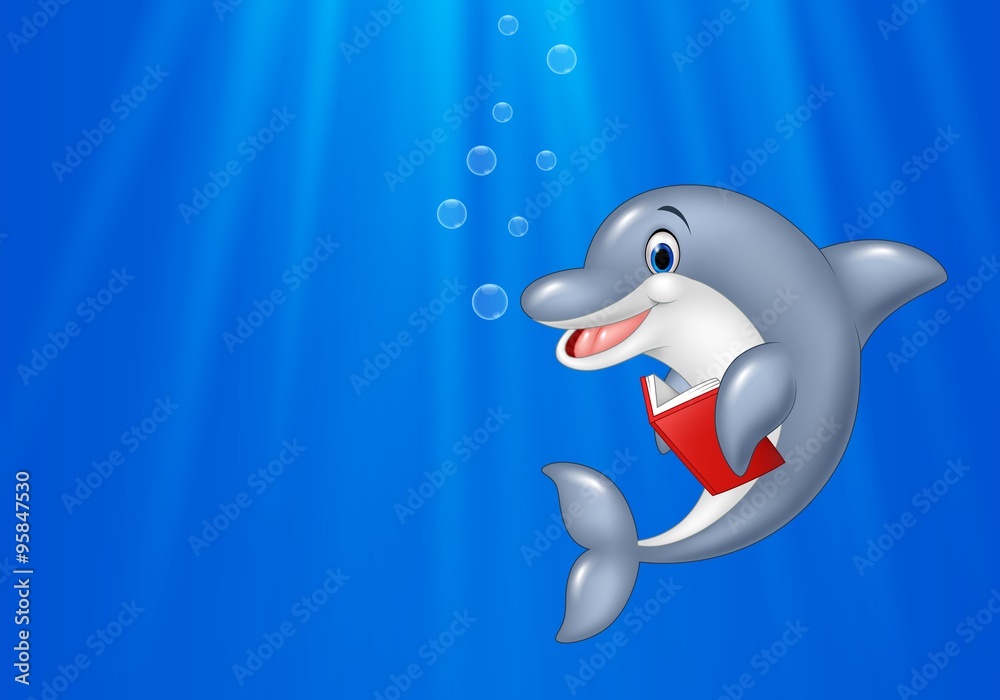 Obraz premium Cartoon dolphin reading book with deep sea background
