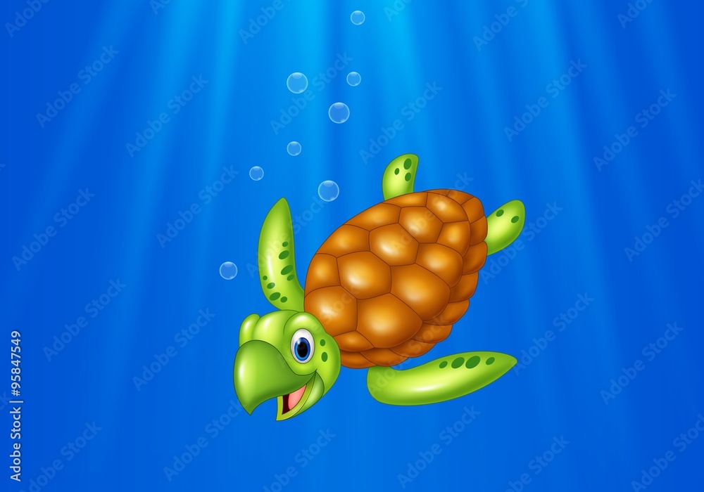 Fototapeta premium Cartoon sea turtle swimming in the ocean