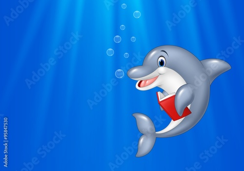 Cartoon dolphin reading book with deep sea background