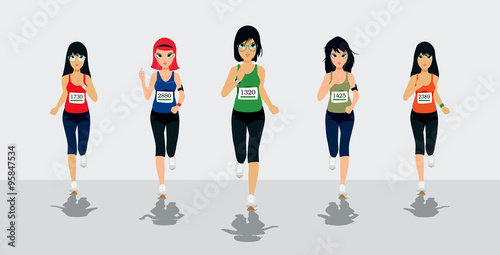 Female runners running competition with white background.